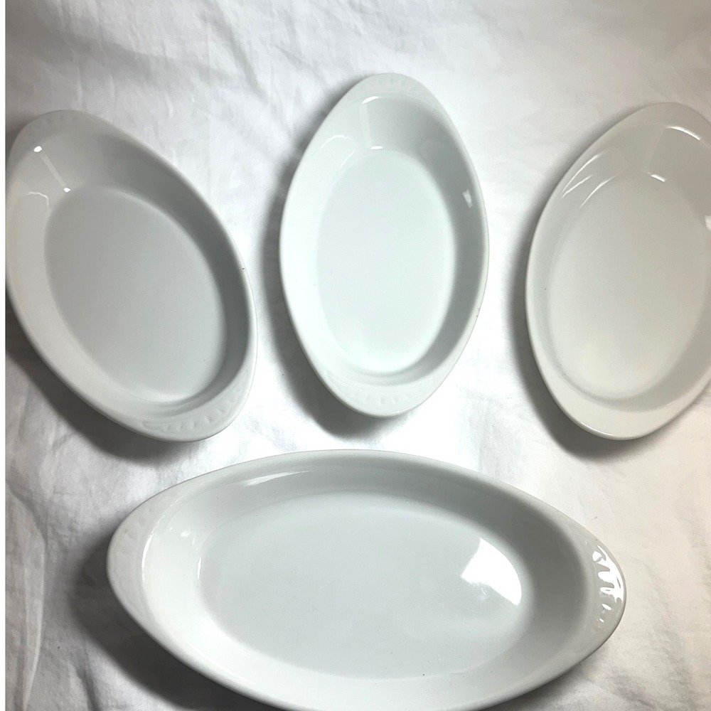 Vintage Oval Au Gratin Baking Dishes Set 4 White Exc Ceramic Stoneware Scalloped